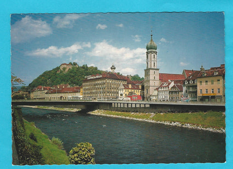 AK Graz, Murbrücke mit Franziskanerkirche und Schloßberg.