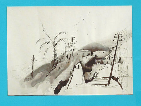 AK Gerhard Almbauer: Zeichnung Santorin - Pyrgos. Aquarell. 1996.