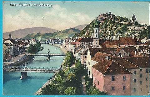 AK Graz. Drei Brücken und Schloßberg. (1908-1909)