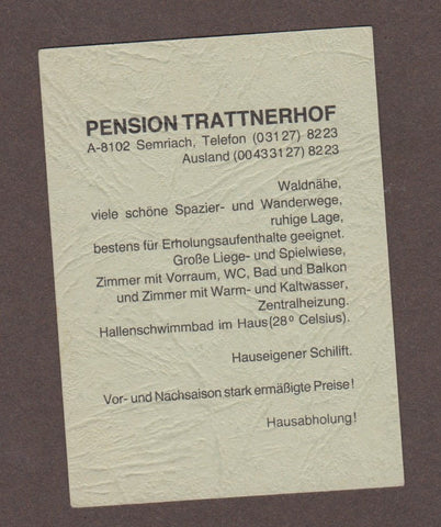 Visitenkarte. Semriach. Pension Trattnerhof.
