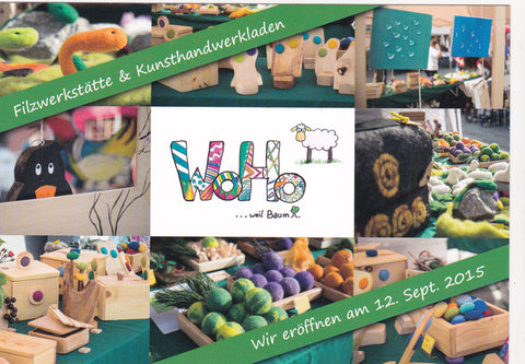 Werbe-AK zur Eröffnung der Filzwerkstätte und des Kunsthandwerkladens am 12. Sept. 2015 in Frohnleiten am Hauptplatz 40.