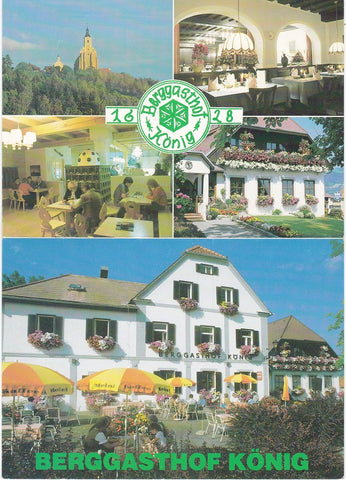 Werbe-Doppel-Ansichtskarte Berggasthof König und „Bergstub'n“ Pöllauberg.