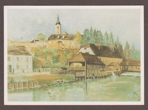 AK Turmbau 1988. Wiedererrichtung des Zwiebelturmes der Stadtpfarrkirche Fürstenfeld. Vorderseite: Alte Stadtansicht um 1895.