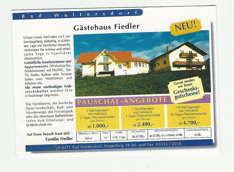 Werbe-Karte Gästehaus Fiedler. Bad Waltersdorf. Wagerberg 39.