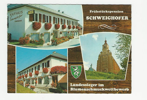 AK Pöllauberg. Frühstückspension und Kaufhaus Schweighofer. Landessieger im Blumenschmuckwettbewerb.