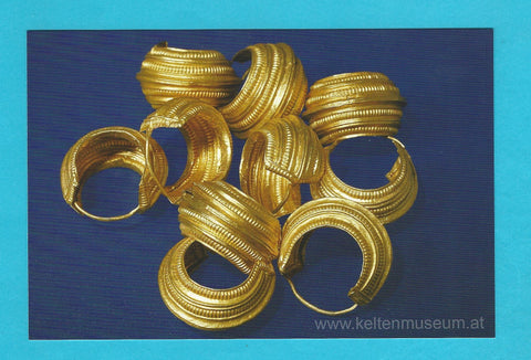 AK Keltenmuseum Hallein. Haarschmuck aus zehn Ringen Goldblech. Dürrnberg Grab 73 5. Jh. v. Chr.