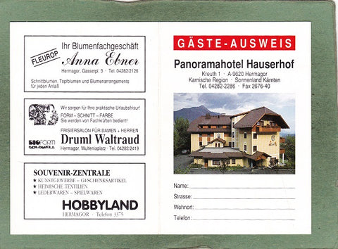 Werbe-Karte „Gäste Ausweis“ Panoramahotel Hauserhof. Kreuth 1, Hermagor.