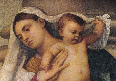 AK Venezia. Basilica dei Frari. Madonna col Bambino - Particolare della celebre Tela di C'a Pesaro. Tiziano.