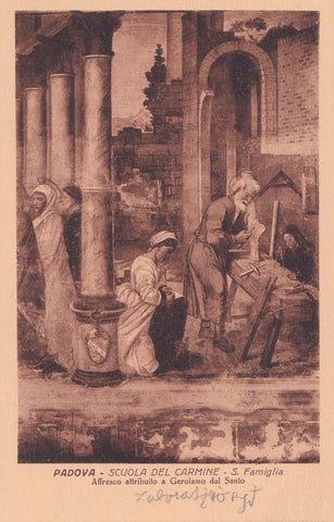 AK Padova. Scuola del Carmine S. Famiglia Affresco attribuito a Gerolamo dal Santo.
