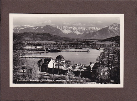 AK Klagenfurt – Wörthersee, Strandcafe u. Strandbad mit Karawanken.
