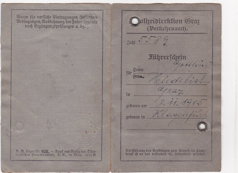 Führerschein Gottfried Hudelist (geboren in Klagenfurt am 8.11.1905) ausgestellt in Graz am 10. Mai 1930.