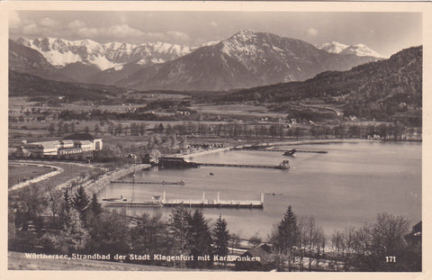 AK Wörthersee, Strandbad der Stadt Klagenfurt mit Karawanken.