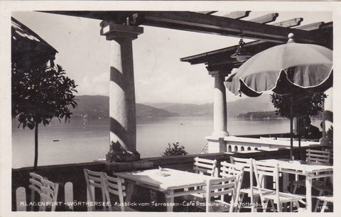 AK Klagenfurt-Wörthersee. Ausblick vom Terrassen-Cafe Restaurant. Schrottenburg (1928)