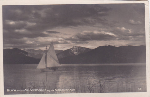 AK Blick von der Schwimmschule auf die Karawanken.