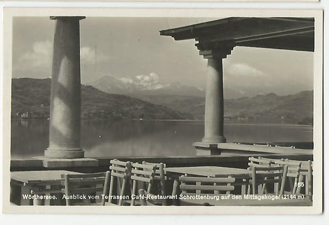 AK Wörthersee. Ausblick vom Terrassen Cafe-Restaurant Schrottenburg auf den Mittagskogel. (1928)