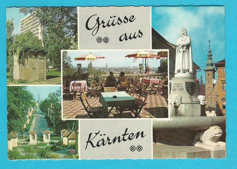AK Grüsse aus Kärnten. Gesamtansicht von Klagenfurt, Klagenfurt Hochhaus. Römersteine im Parkmuseum, Spanheim Denkmal am alten Standort.