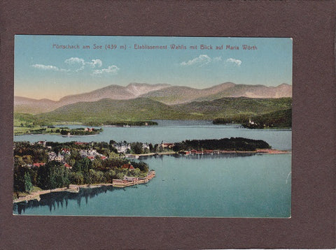 AK Pörtschach am See. Etablissment Wahlis mit Blick auf Maria Wörth. (1911)