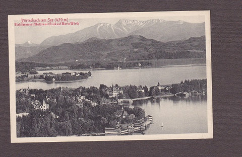 AK Pörtschach am See. Etablissement Wahlis mit Blick auf Maria Wörth. (1911)