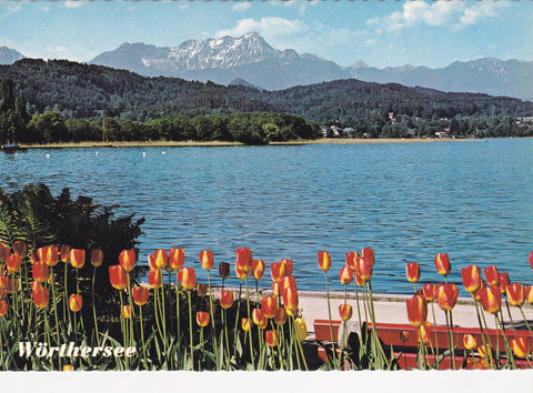 AK Pörtschach am Wörthersee. Blick von der Seepromenade zu den Karawanken.