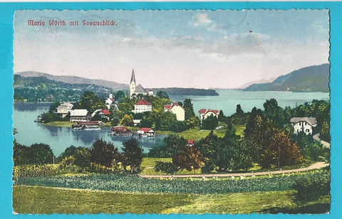 AK Maria Wörth mit Seeausblick. (1922-23)