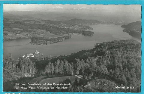 AK Blick vom Aussichtsturm auf dem Pyramidenkogel auf Maria Wörth, Wörthersee und Klagenfurt.