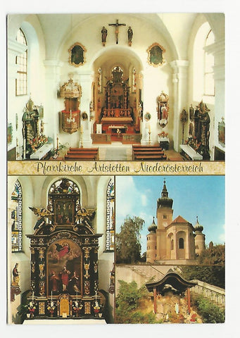 AK Artstetten. Pfarrkirche z. hl. Jakobus d. Ä. Innen- und Außenansicht mit Lourdes-Grotte.