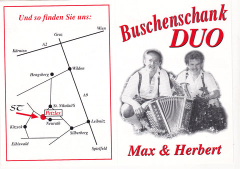 Visitenkarte Buschenschank Duo Max & Herbert. Weinbau und Buschenschank Strauss. Petzles 6. St. Nikolai i. S.