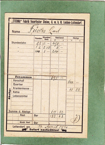 Lohnzettel von 14.4.1920. „Eterna“ Fabrik feuerfeste Steine GmbH Leoben-Leitendorf.