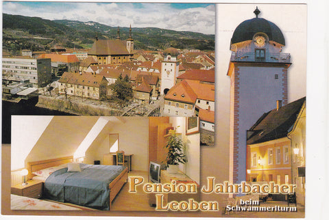 AK Leoben, Kirchgasse 14. Pension Jahrbacher beim Schwammerlturm.