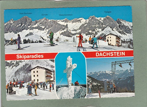 AK Skiparadies Dachstein. Berghotel Dachstein mit Dirndl – Lift. Inh. Familie Walcher.