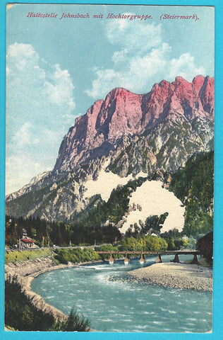 AK Haltestelle Johnsbach mit Hochtorgruppe.