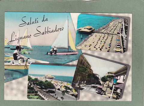 AK Saluti da Lignano Sabbiadoro. (Via Udine e Albergo La Fontanella)