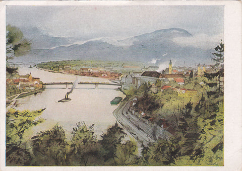 AK Die Donaustadt gegen Osten. Heimatwerk Oberdonau, E.V., Linz a.d. Donau. Kartenfolge VI: Linz a.d. Donau und Umgebung. Nummeriert: 7. Nach einem Aquarell von E.A. v. Mandelsloh.