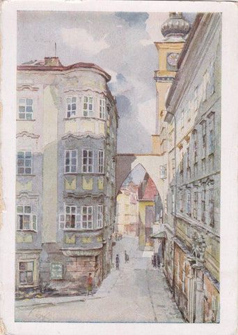 AK Domgasse. Barocker Winkel. Heimatwerk Oberdonau, E.V., Linz a.d. Donau. Kartenfolge VI: Linz a.d. Donau und Umgebung. Nummeriert: 4. Nach einem Aquarell von Dr. A. Höpfler.