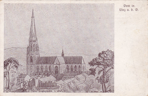 AK Dom in Linz a.d. Donau. Federzeichnung nach der Natur von Hans Falkinger, Wien.