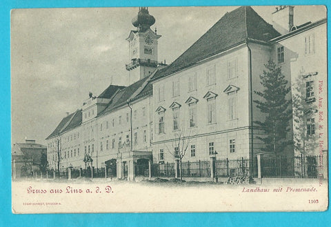 AK Gruss aus Linz an der Donau. Landhaus mit Promenade.