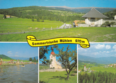 AK Sommerfrische Mühlen gegen Zirbitzkogel. Badesee Mühlen, Kirche St. Helen, Hitzmannsdorf gegen Grebenzen.