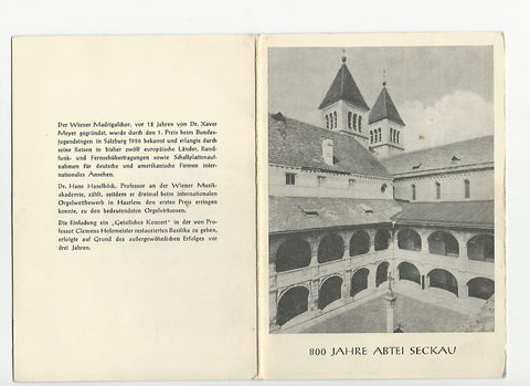 Billett 800 Jahre Abtei Seckau. Geistliches Konzert Wiener Madrigalchor. Basilika Sonntag 4. Oktober 1964, 15 Uhr.