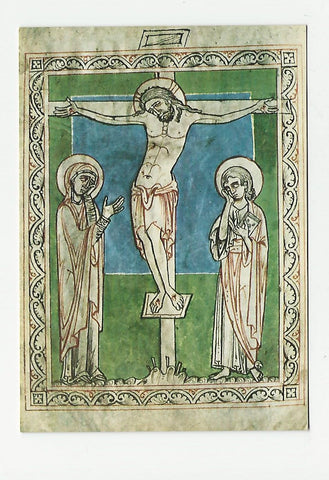AK Abtei Seckau. Kreuzigungsgruppe. Seckauer Buchmalerei um 1150. Graz, Universitäts-Bibliothek, Hs 286.