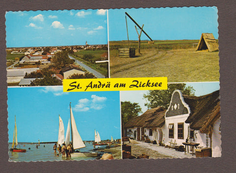 AK St. Andrä am Zicksee. Ort. Ziehbrunnen mit Schilfhütte, Strand, Barockgiebelhaus.