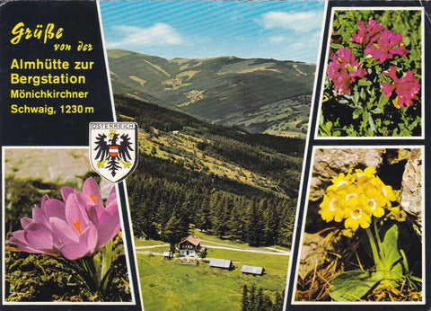 AK Grüße von der Almhütte zur Bergstation Mönichkirchner Schwaig. Mönichkirchen.