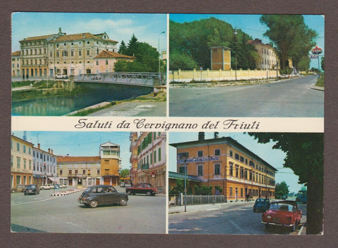 AK Saluti da Cervignano del Friuli. Ponte sull'Ausa. Caserma Monte Pasubio. La Stazione. Piazza Unita.