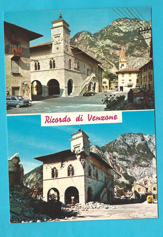 AK Ricordo di Venzone. Piazza Municipio Prima e dopo il terremoto del 15 sett. 1976.
