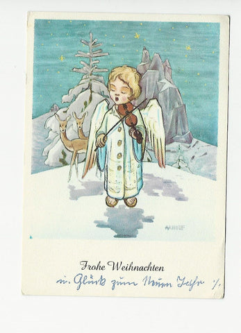 AK Frohe Weihnachten. Engel mit Geige mundgemalt von A. E. Stegmann.