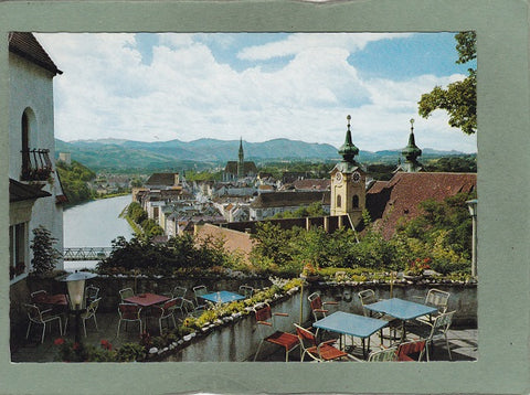 AK Steyr a.d. Enns. Blick vom Tabor-Kaffeerestaurant.