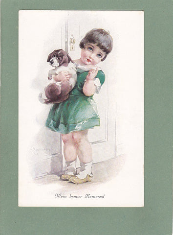 Künstlerkarte. Mein braver Kamerad. Mädchen mit Hund im Arm.