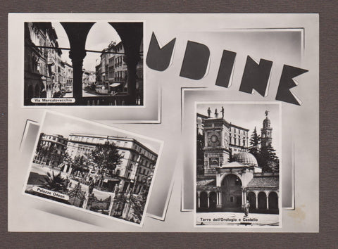 AK Udine. Via Mercatovecchio. Palazzo Odeon. Torre dell'Orologio e Castello.