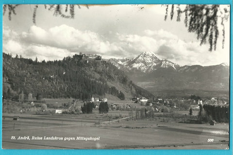 AK St. Andrä , Ruine Landskron gegen Mittagskogel.