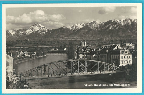 AK Villach, Draubrücke mit Mittagskogel. (1938)