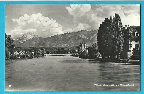 AK Villach, Draupartie mit Mittagskogel.